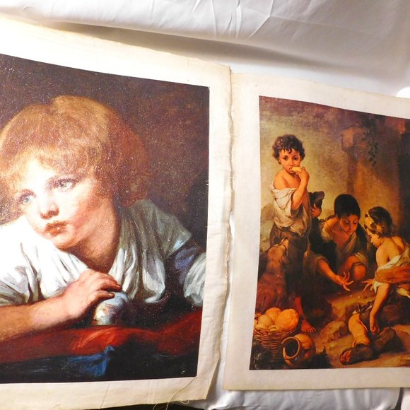 Vintage Prints Jean Baptiste Greuze Boy with Apple & Murillo Boys Playing - Picture 1 of 10